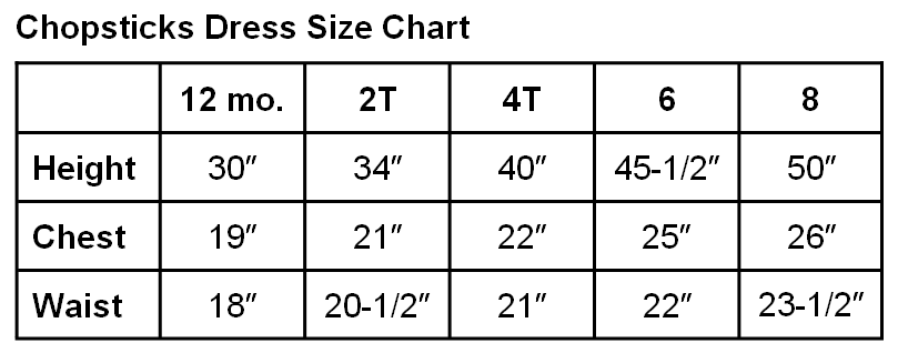 size chart - toddlers/girls