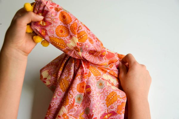 PomPom Scarf Sewing Tutorial-turning scarf inside out 3