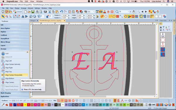 Adjust the letter positions, as desired. To align them horizontally, select both letters, then open the Arrange menu on the left, then select Align Center Horizontally.