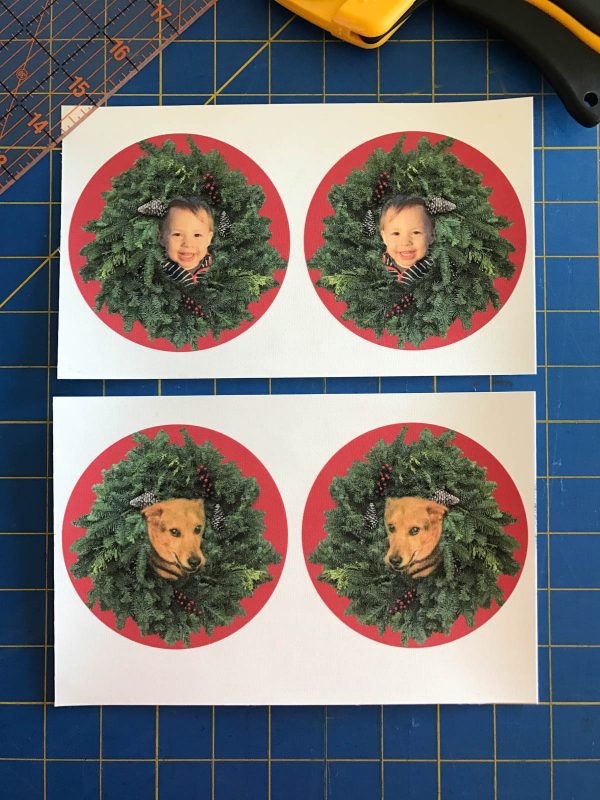 Stitched Photo Ornament-cut the four images into equal squares