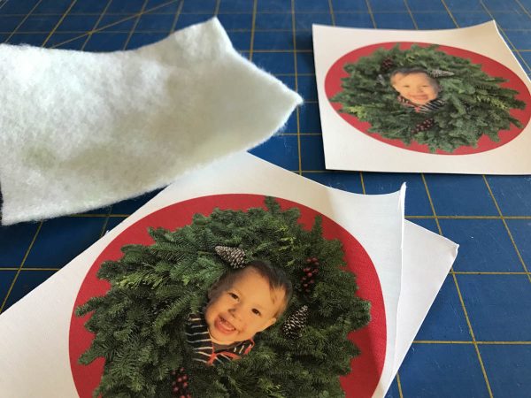 Stitched Photo Ornament- Peel the fabric off the paper backing