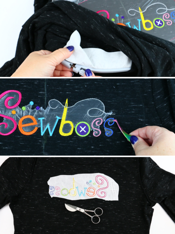 we all sew how to embroider a ladies t-shirt removing water soluble and cut away