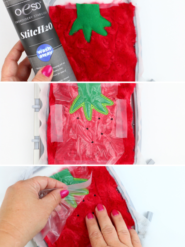 we all sew how to embroider on cuddle luxe in the hoop strawberry pin cushion