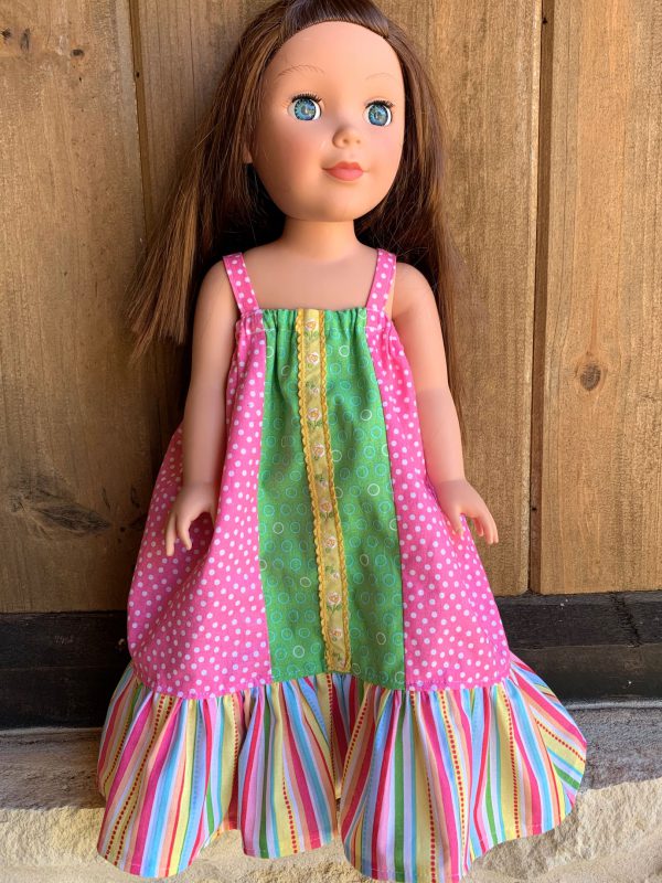 Vintage Trim added to panel on doll maxi dress