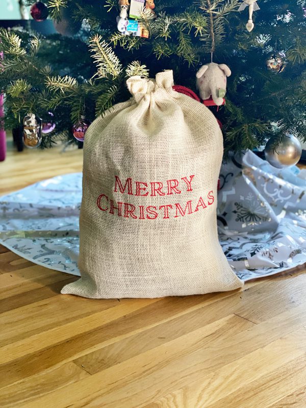 Sewing and Embroidering a Burlap Fabric Gift Bag: Finish Product