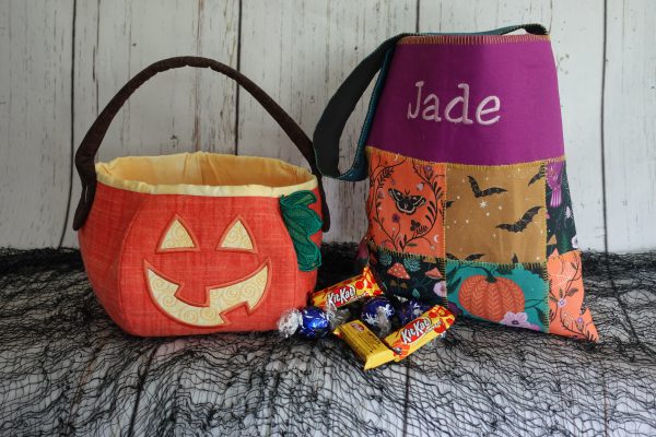 Flatlock Patchwork Trick-or-treat bag with handmade holiday pumpkin pail