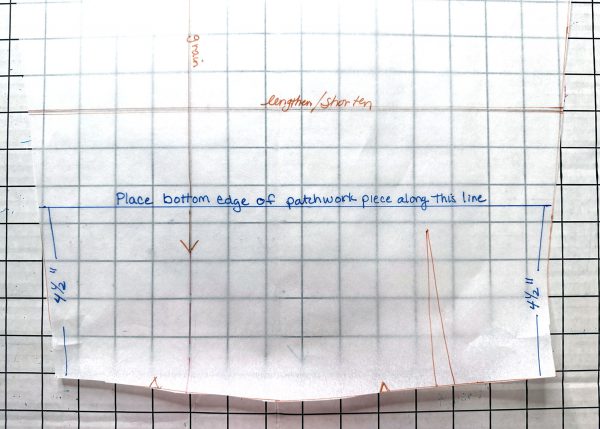 Measure along side seam of pattern piece from bottom for patchwork placement