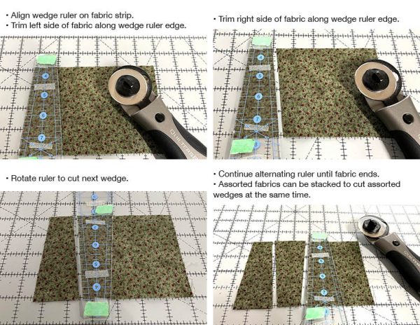 Wedge ruler, rotary cutter and cutting mat are used to cut Dresden wedges. 
