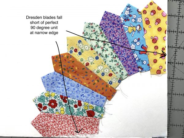 Dresden stitched to tightly at narrow edge will cause the block to pull away from the background on th outer edge.