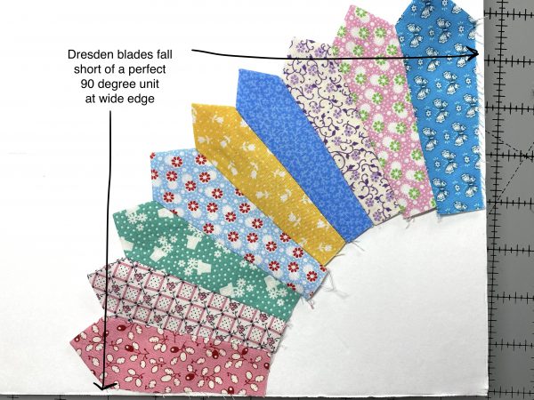 Dresden stitched too tightly at the wide edge will cause the block to pull away from the background on the inner edge.