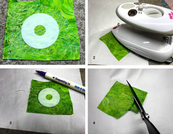 Fabric and Misty Fuse sized to template, fused, marking and cutting to size.