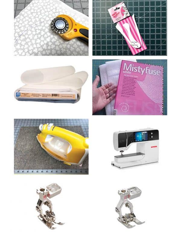 Materials for completing the center of Dresdens in Part 3 BERNINA MACHINE, BERNINA FEET 20D, 97D, Misty Fuse, Pellon 807 Wonder-Web
