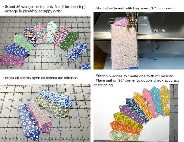 Selecting color placement, stitching, and pressing one quarter of Dresden Block.