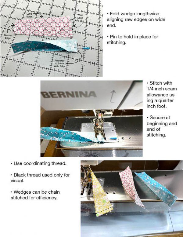 Stitching wedge points with 1/4 inch seam allowance. Secure stitches at beginning and end.