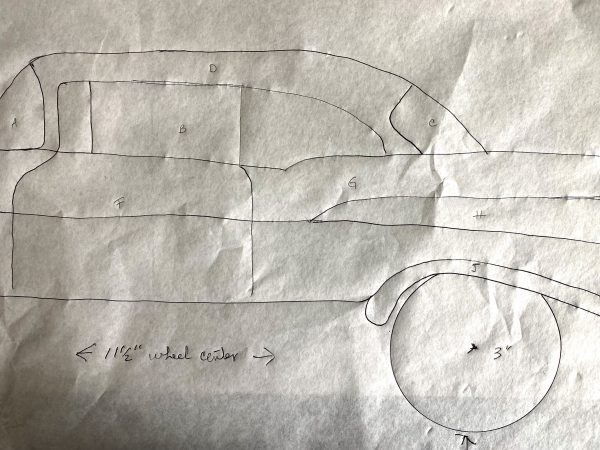 Drawing and labeling each piece of the fused appliqué 57 Chevy Art Quilt