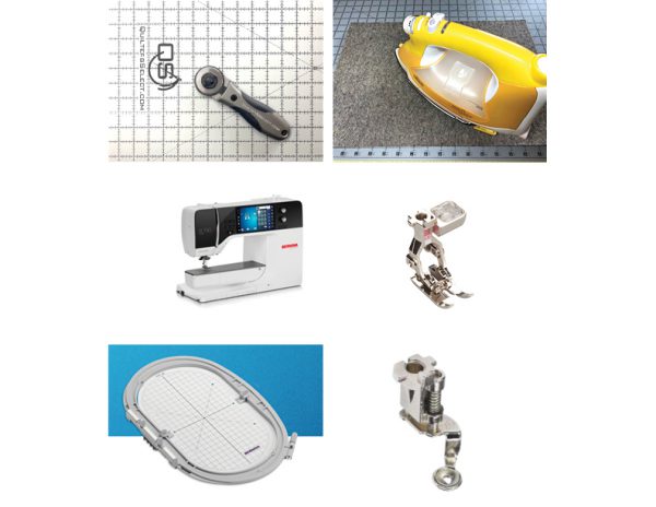Materials used for step one of 57 Chevy Art Quilt. Including rotary cutter, mat, rulers, sewing machine with embroidery attachment, iron and pressing surface, 1/4 inch foot and embroidery foot