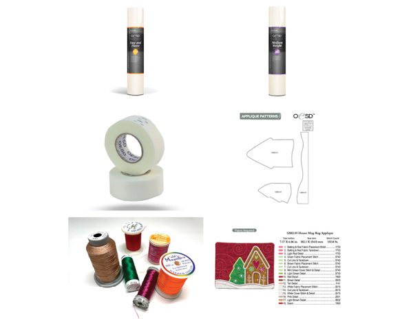 Materials needed for in the hoop embroidery project such as tear away stabilizer, threads, batting and tape