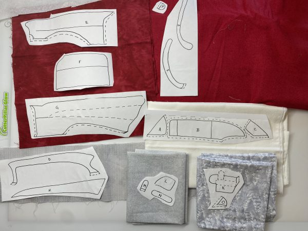 Select a fabric for all pattern pieces and cut them generously larger than the actual pattern.