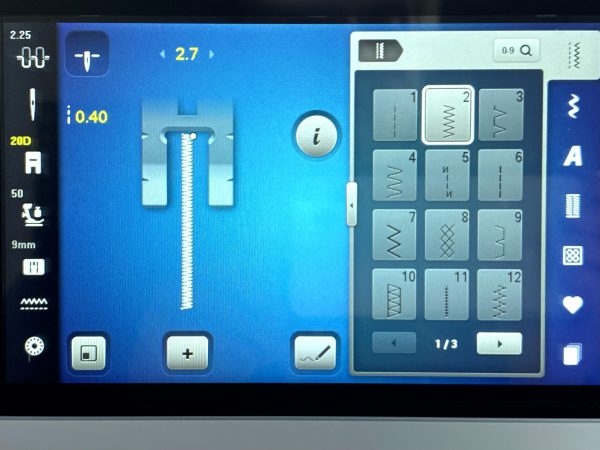 Machine setting for satin zigzag stitch is .40 width and 2.7 length. 