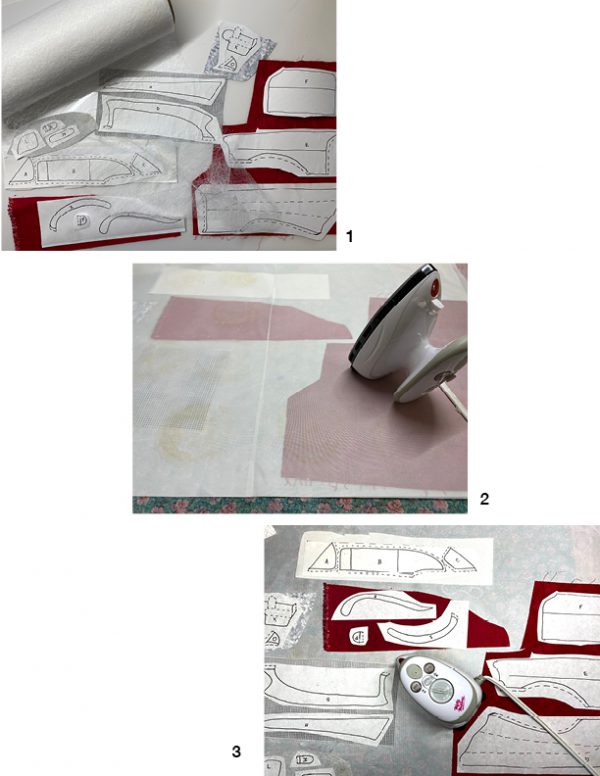 The three step process of fusing webbing to fabric and bonding pattern to fused fabrics. 