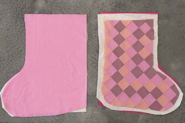 Couched Christmas Stocking- Layering top batting and backing of stocking front and back