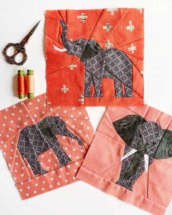 Elephant quilt block patterns in red and gray 