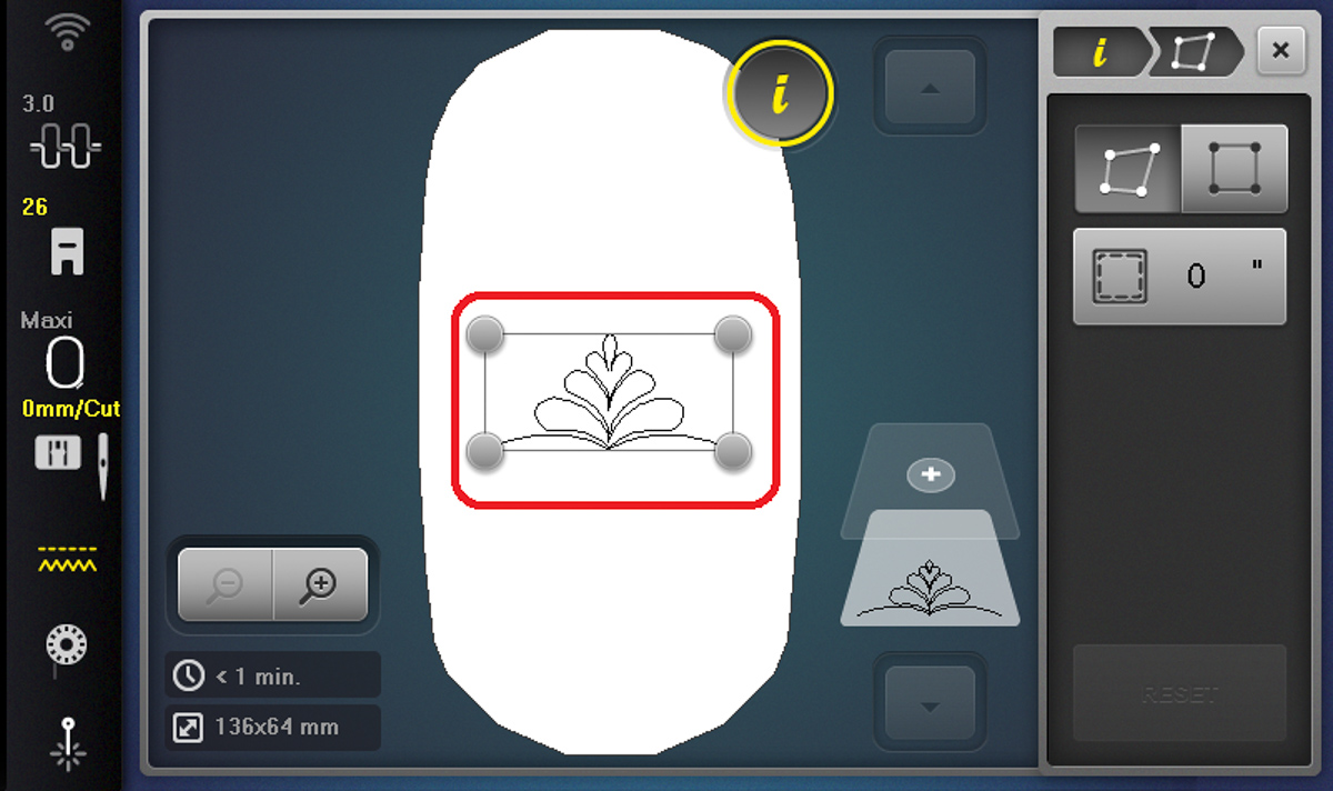 Display screen showing a rectangle around the deisgn on the B 790 PRO.