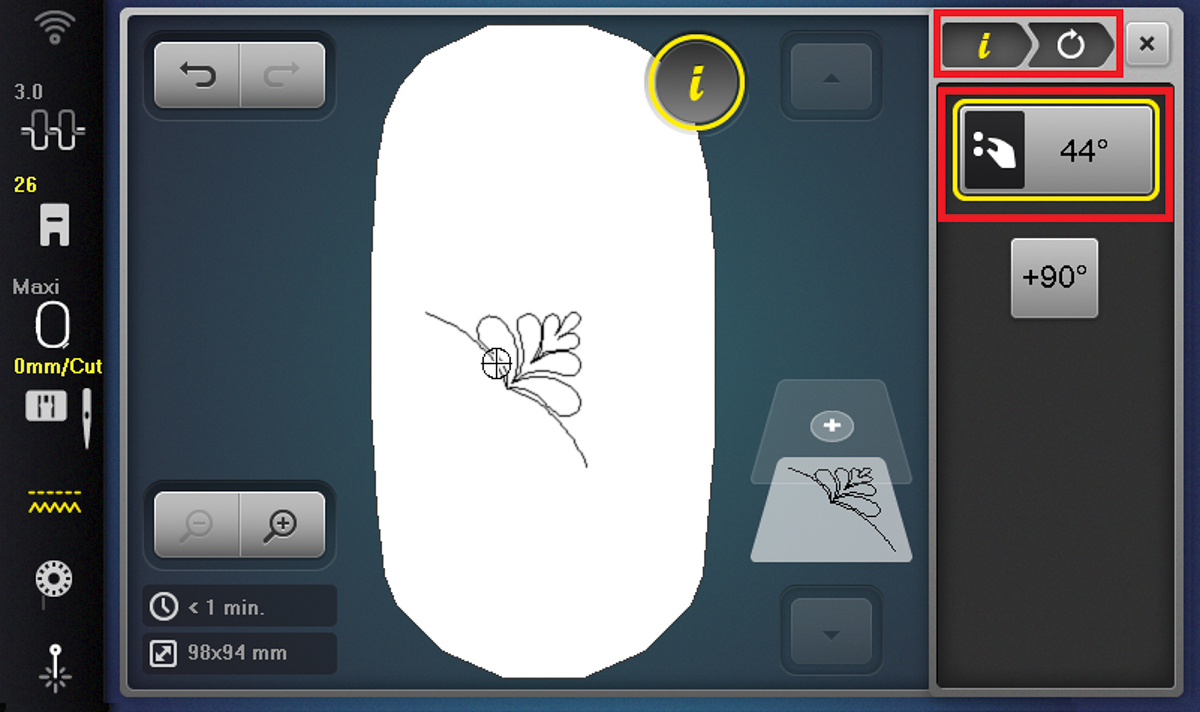 Display screen showing a design rotated 44 degrees on the B 790 PRO.