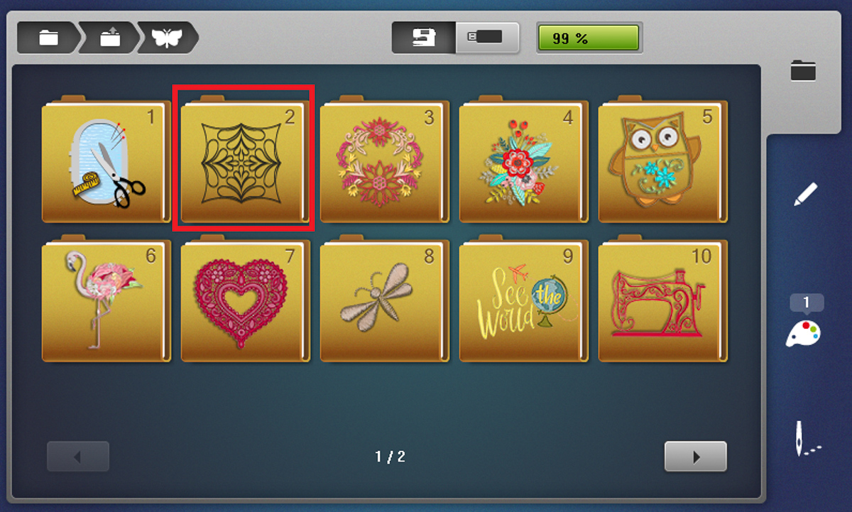 Display screen showing the quilting design folders on the B 790 PRO.