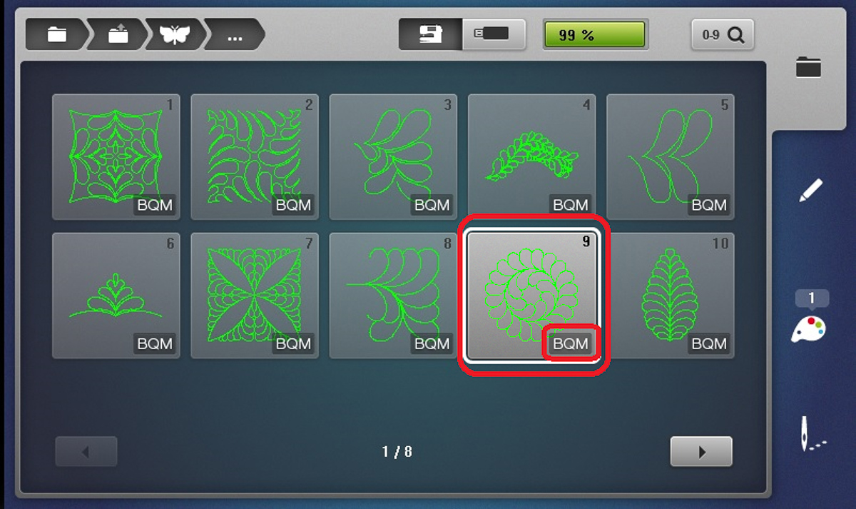 Display screen showing the selection of a quilting design on the B 790 PRO