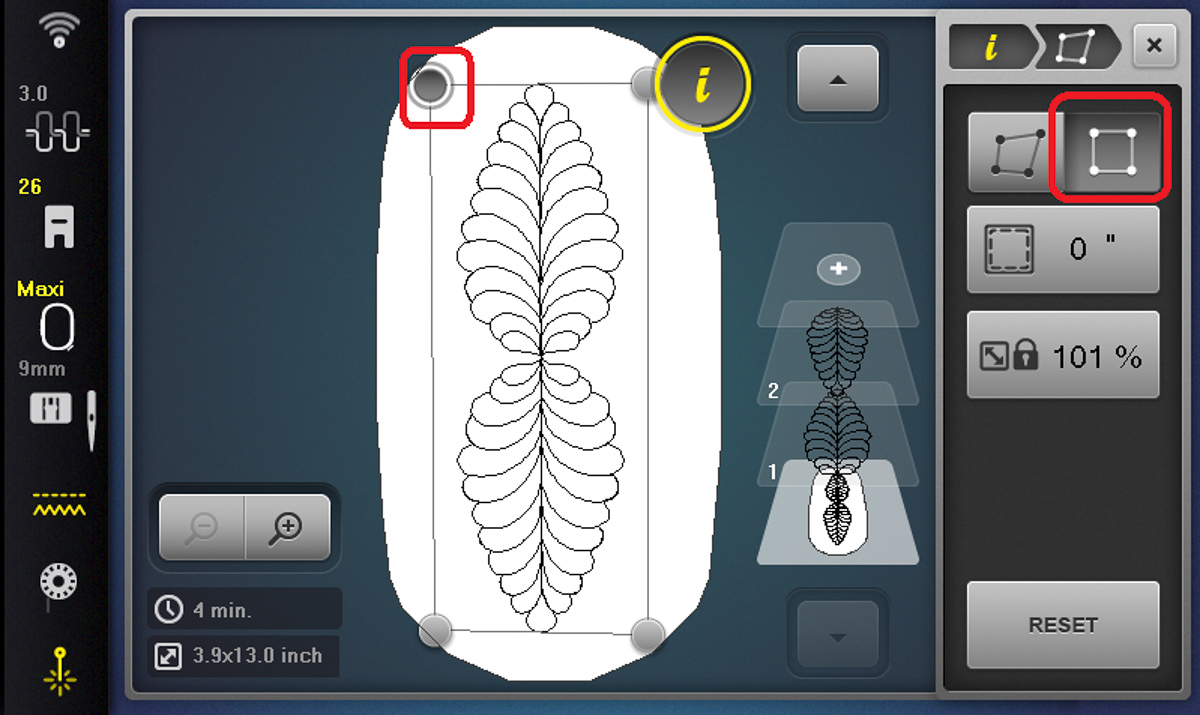 Display screen the radio buttons for positioning the points for a design on the B 790 PRO.