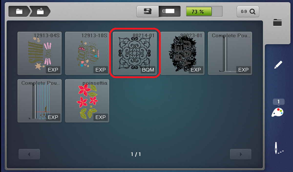 Display screen showing the newly uploaded Heart Block 1 design on the B 790 PRO.