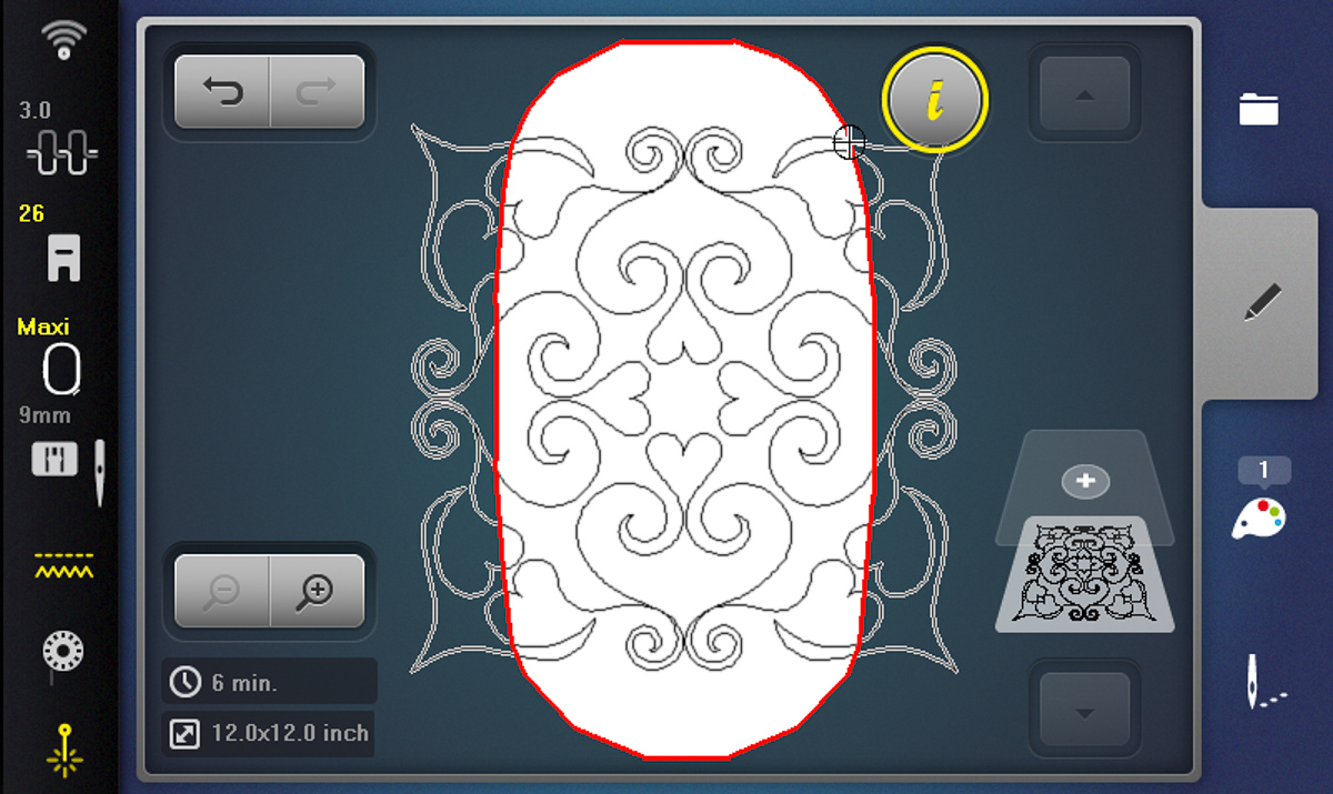 Display screen showing the Heart Block 1 design overlaid on the hoop on the B 790 PRO.