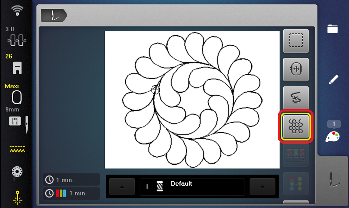 Display screen showing the quilt settings icon selected on the B 790 PRO.