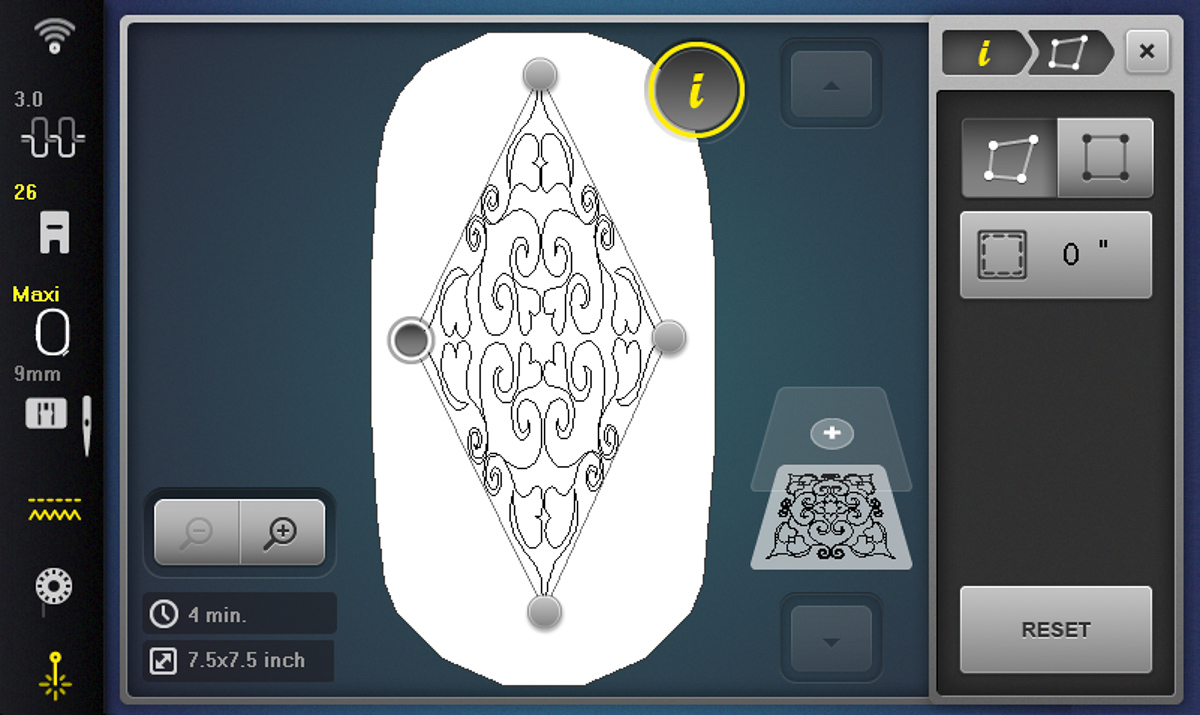 Display screen showing the Morph feature being used on the Heart Block 1 design on the B 790 PRO.