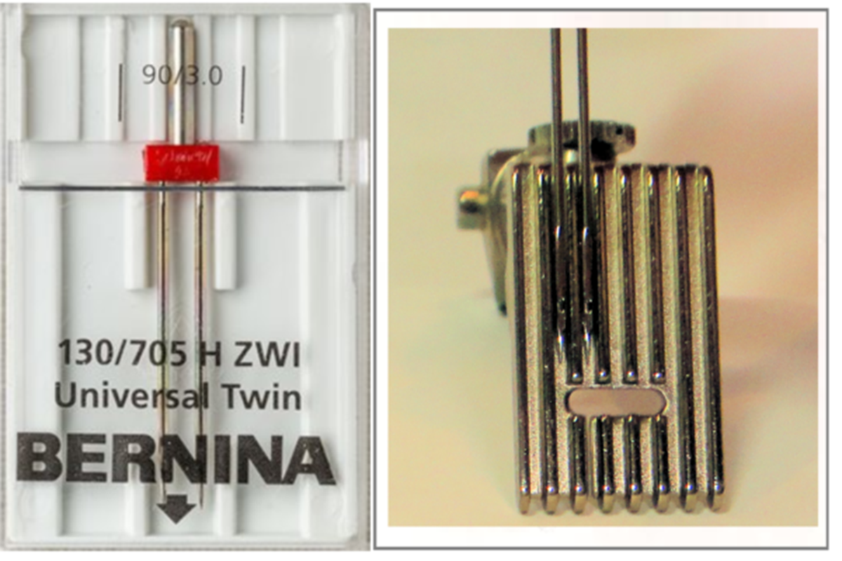 close up of sewing needles fitting into the grooves on the sold of a presser foot for pintucks