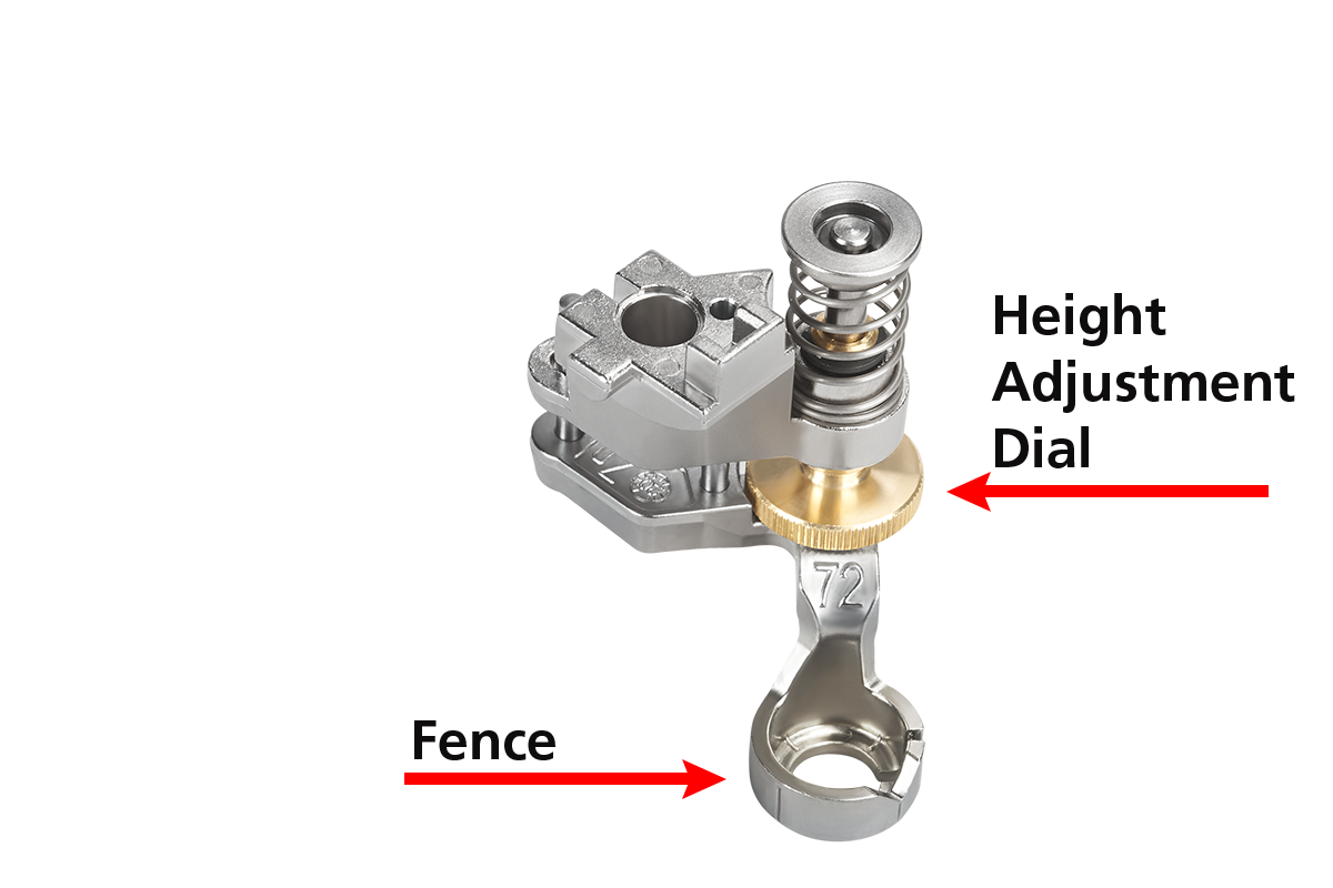 a BERNINA adjustable ruler foot with red arrows highlighting the fence and height adjustment dial.