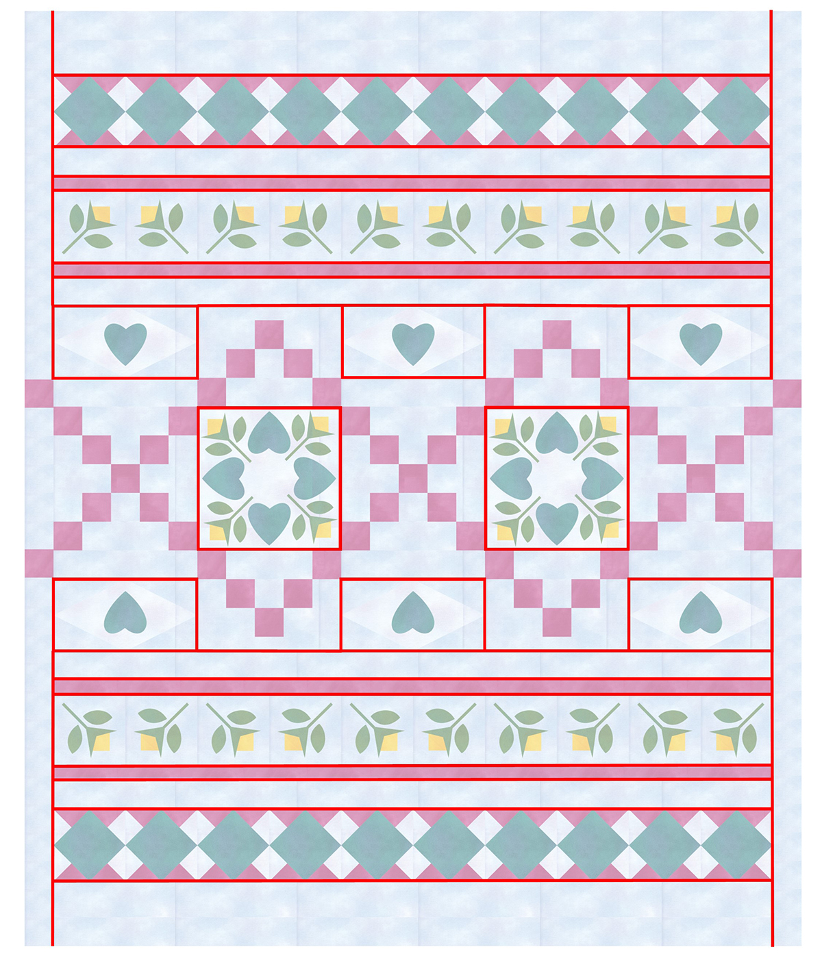 red lines over the Jump for Joy quilt to show the first series of stitches.