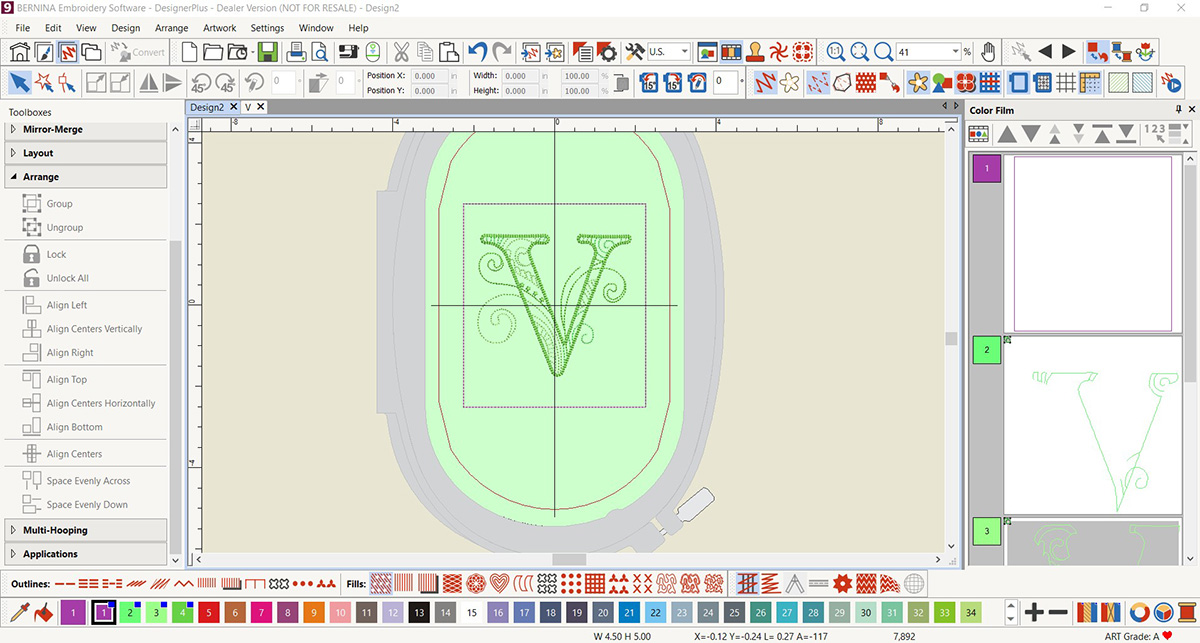 display screen of the BERNINA V9 DesignerPlus software, with color applied to hoop background.