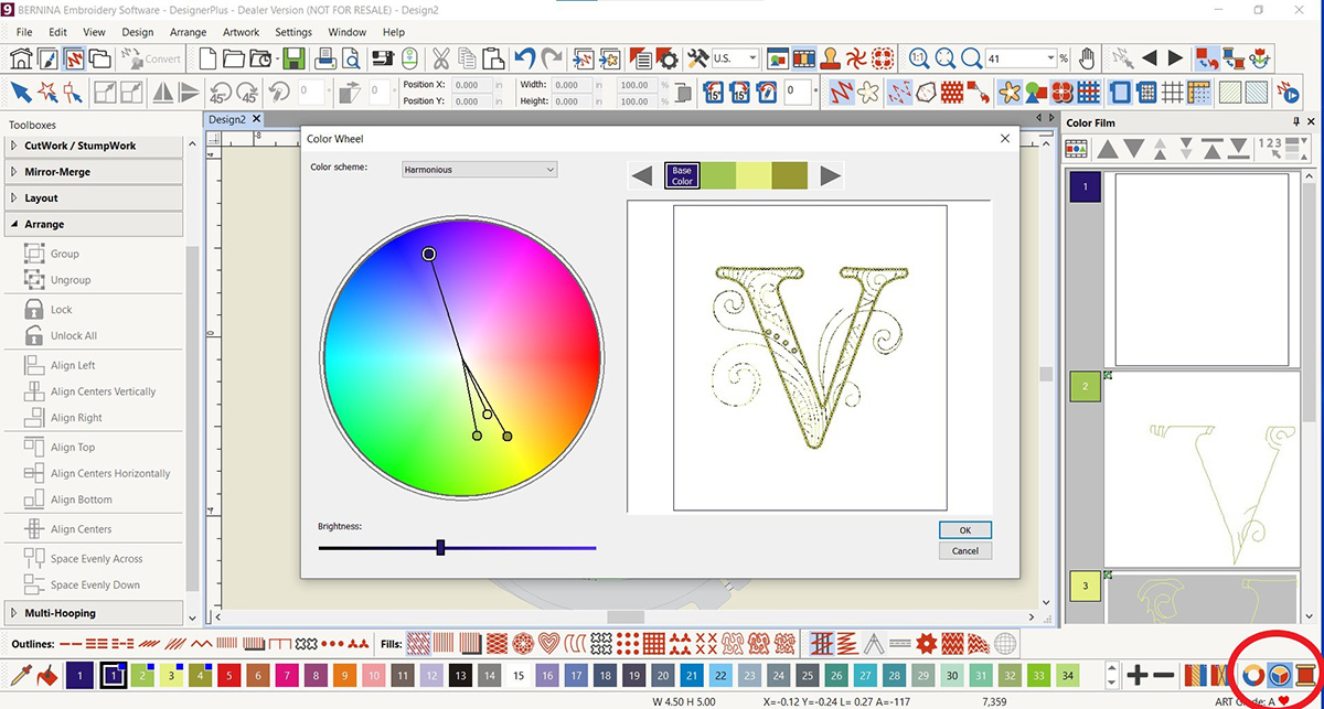 display screen of the BERNINA V9 DesignerPlus software, showing a color wheel.