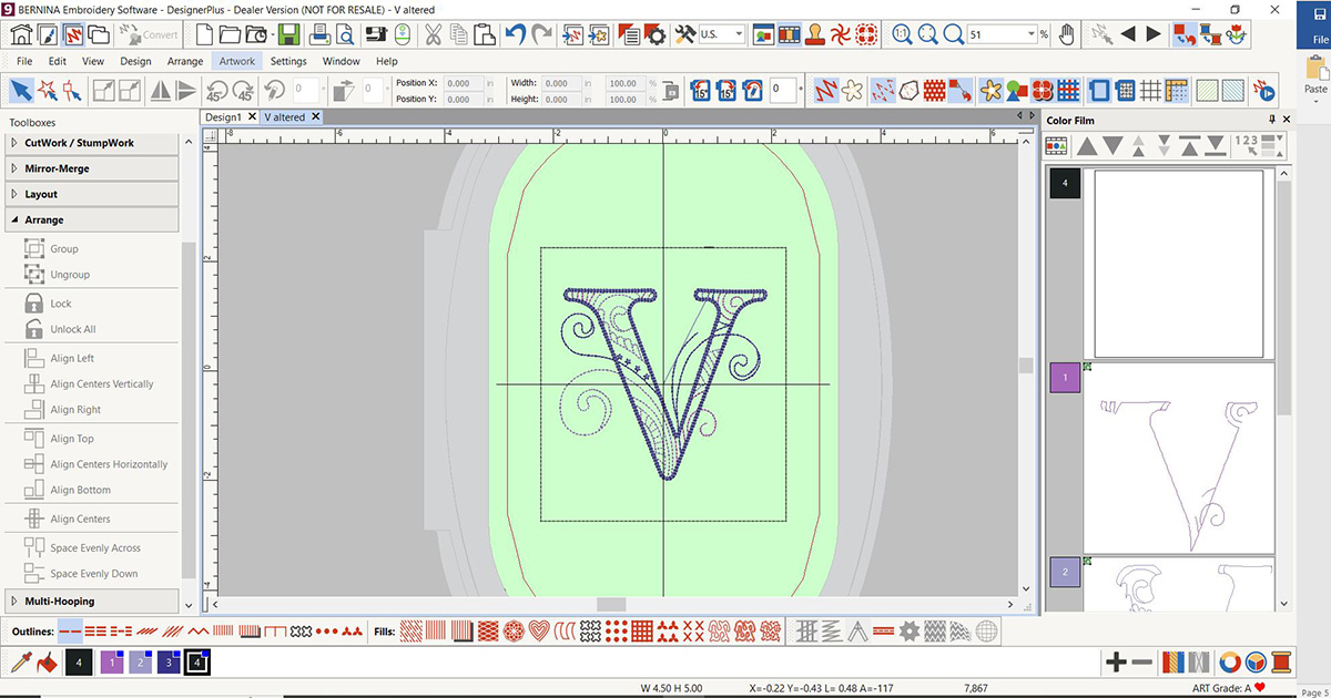 display screen of the BERNINA V9 DesignerPlus software, with the letter highlighted.