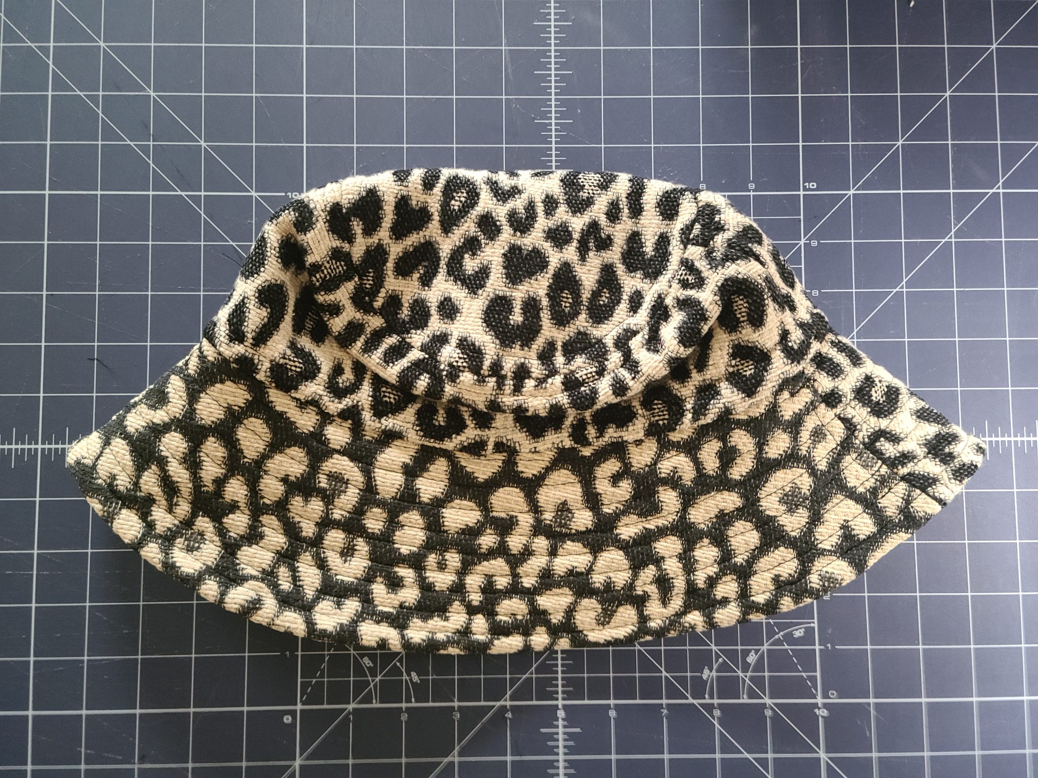 Close up view of leopard print bucket hat