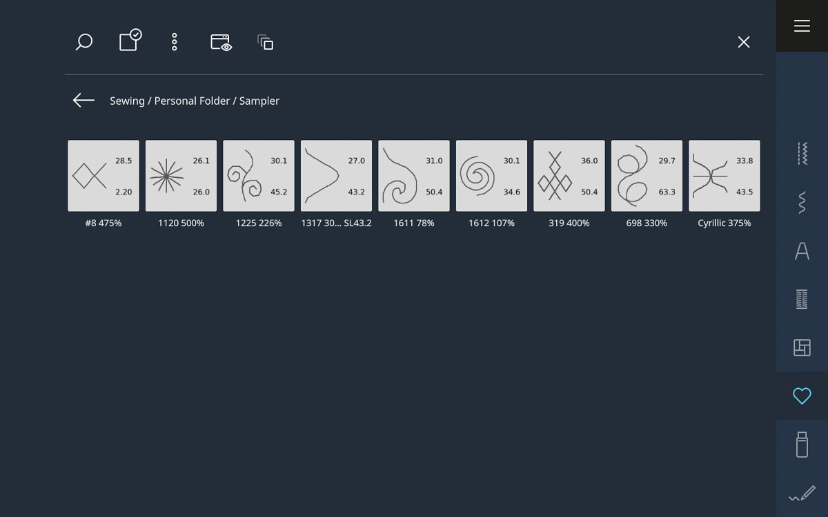 Display screen showing a folder of stitches