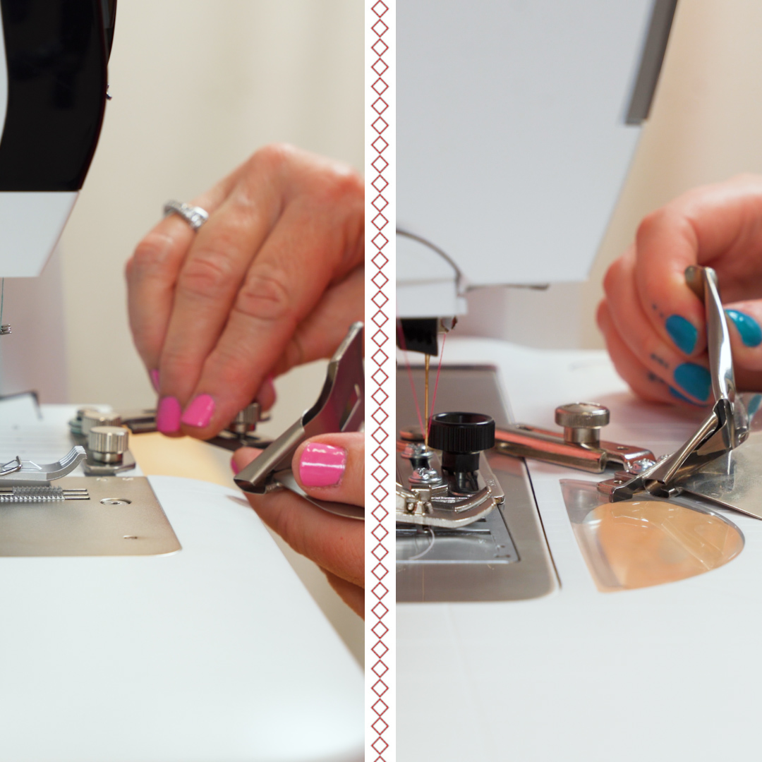 Side by side view of binder attachment on a serger and sewing machine