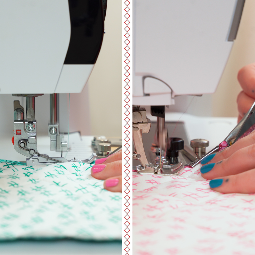 Side by side view of someone sewing fabric on a serger and a sewing machine