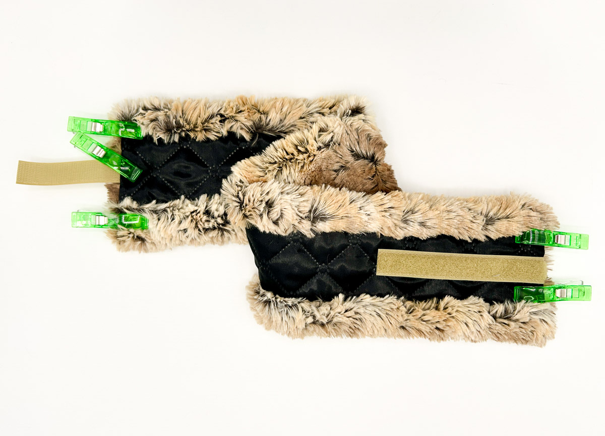 Short ends folded and secured with green clips