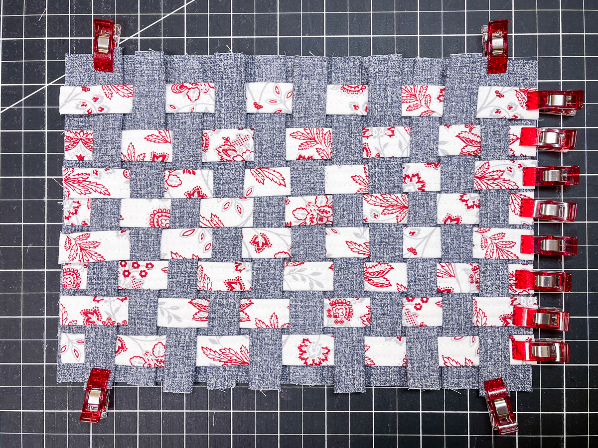 finished woven fabric strips held in place with Wonder Clips