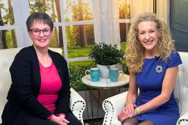 Gail Yellen and Pam Mahshie on the set of The Joy of Serging