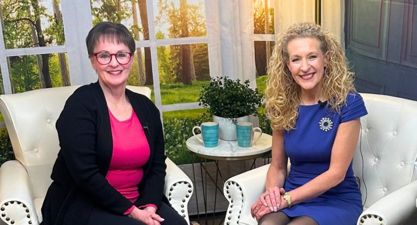 Gail Yellen and Pam Mahshie on the set of The Joy of Serging