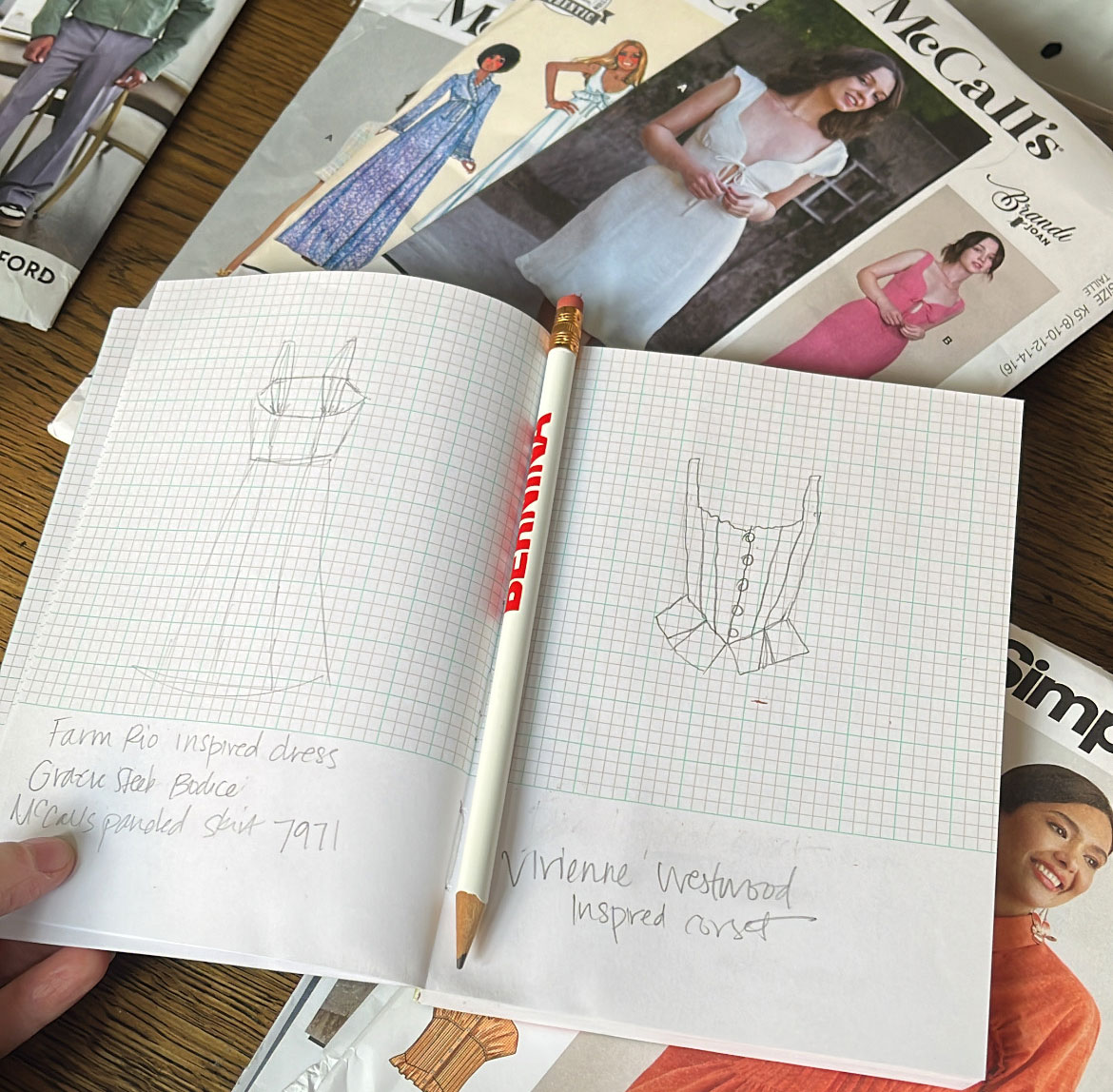 A notebook with fashion sketches and pattern notes